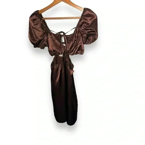 NWT H&M satin puff sleeve mocha brown mini  dress S - Picture 2 of 6